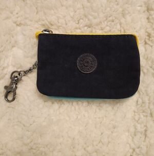 Kipling Color Block Coin Pouch With Keyring (Navy Blue, Turquoise, & Yellow)